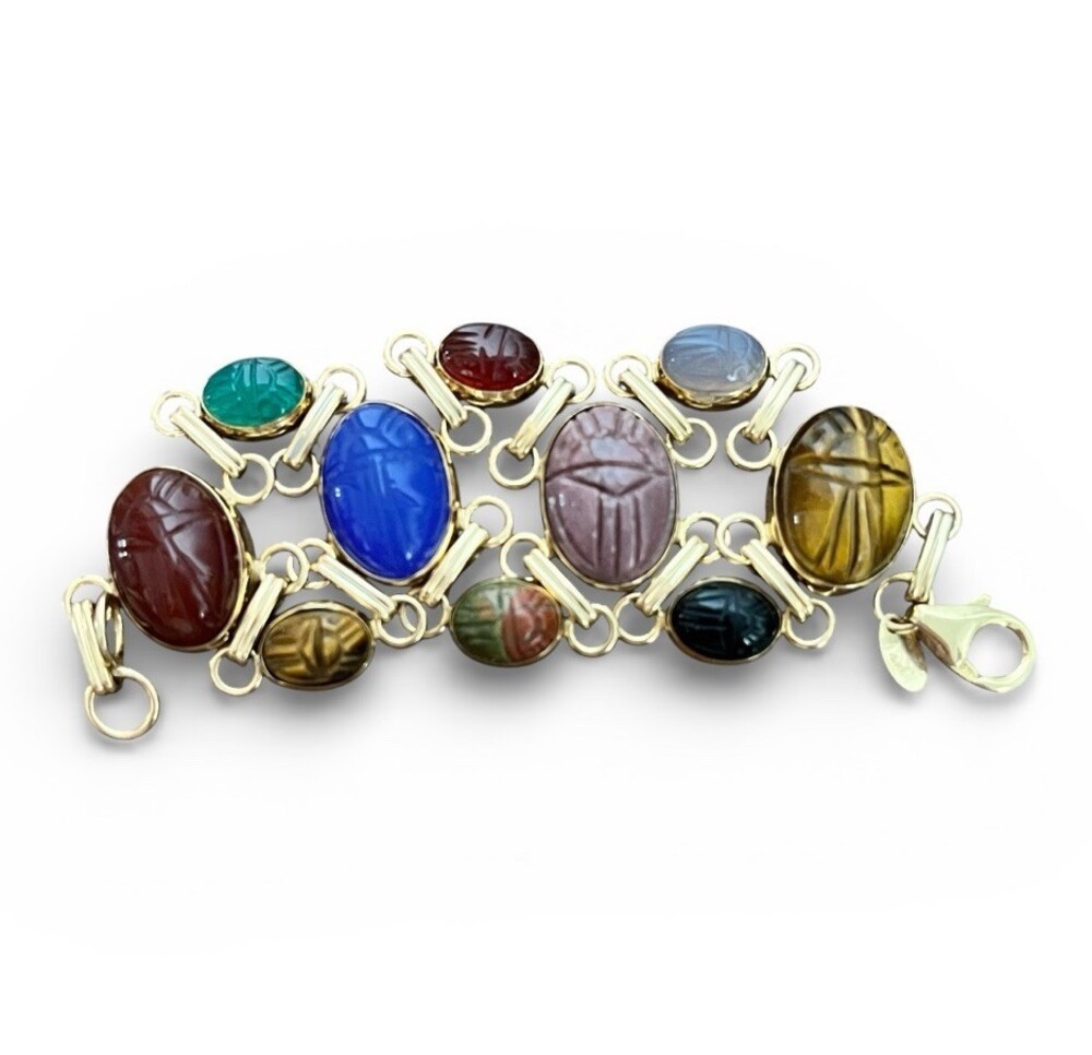 Vintage Carla 14k Yellow Gold Two Strands Multi Gemstone 10 Scarab Bracelet 7"